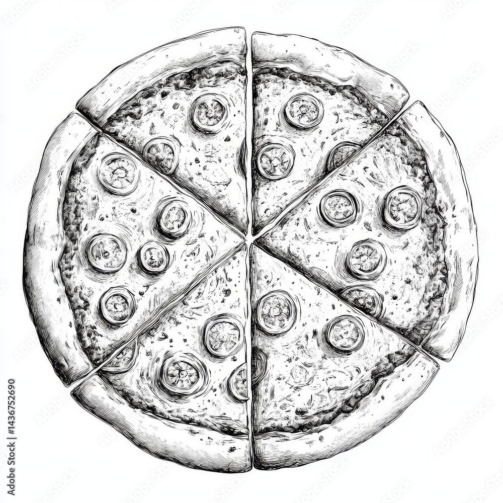 Poster the illustration is a top view close-up of a pizza with multiple toppings, created in a black and wh