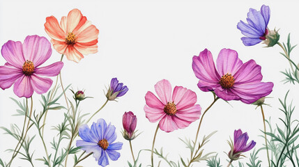 Fototapeta premium watercolor botanical Cosmos flowers texture template background.Elegant wedding invitation card background . Minimal hand painted Design for wedding or Valentine's Day