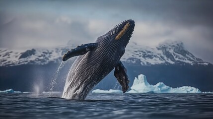 Fototapeta premium A breathtaking scene of a humpback whale breaching the surface of the ocean, with its massive body arched gracefully above the water. The whale is surrounded by icy waters and mountains.