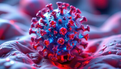 A 3D model of a virus, its surface shimmering with bioluminescent particles that pulsed with an internal light.