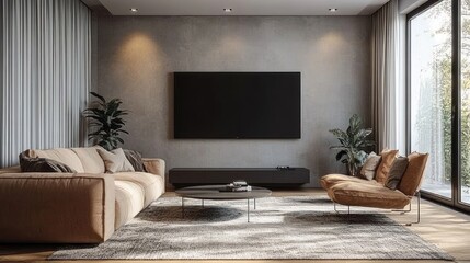 Modern living room interior with sofa television plants and large windows.