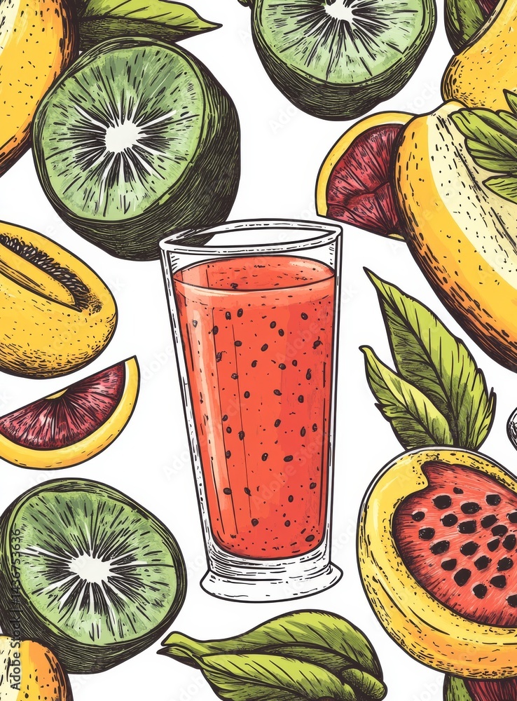 Poster an array of fruit smoothies in glasses is illustrated, accompanied by a vibrant display of fresh fru