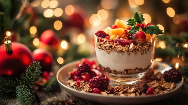 Festive holiday yogurt parfait with granola and fruit.