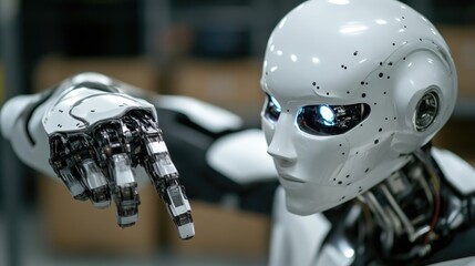 Fototapeta premium Advanced robot arm, pointing. Detailed close-up of a sophisticated robotic arm, showcasing intricate mechanical design and advanced technology. The robot's hand is poised in a precise,