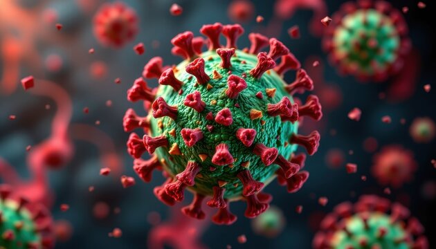 A transparent backdrop reveals the intricate surface of a green virus cell, adorned with a vibrant array of protein spikes, a stark reminder of the microscopic threats lurking in our world.