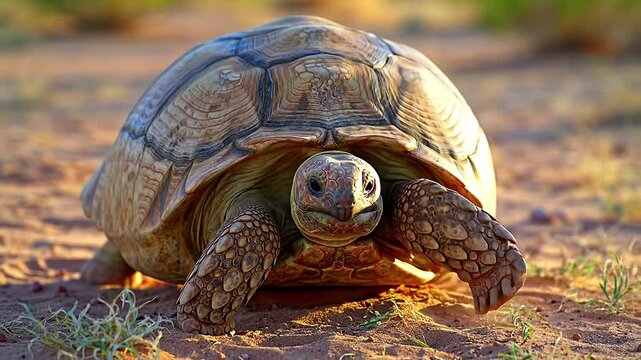 Cinematic slow-motion footage of a desert tortoise on a sandy burrow at dawn