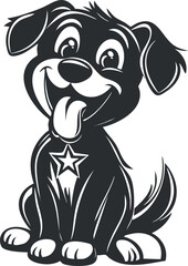Cartoon illustration of a happy playful puppy sitting with tongue out and a star on its chest