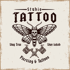 Tattoo studio emblem with moth and tattoo machine. Classic vintage style vector illustration in gothic and old school style. Perfect for tattoo designs, prints, and artistic compositions