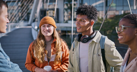 Students, smile and talking at university for social, bonding and catch up in morning. People,...