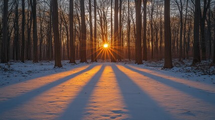 Sunset forest snow scene, winter wonderland, nature background