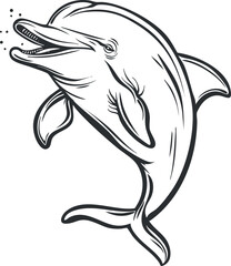 Black and white illustration of a playful dolphin swimming underwater with bubbles around it