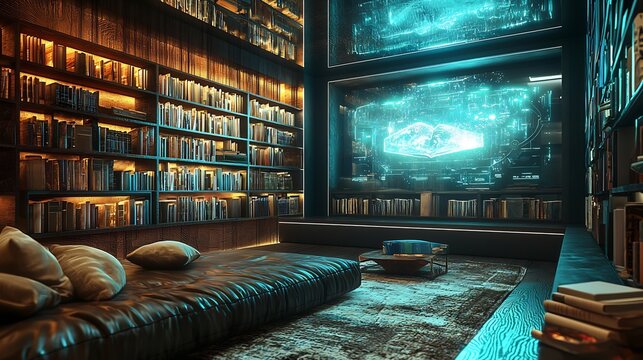Cozy Library Room with Large Screen and Bookshelves