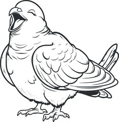 Black and white line art illustration of a singing dove with detailed feathers and wings