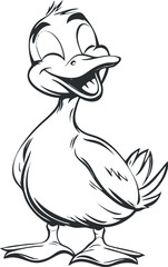 Black and white cartoon duck illustration with a happy smiling expression and playful posture