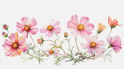 watercolor botanical Cosmos flowers texture template background.Elegant wedding invitation card background . Minimal hand painted Design for wedding or Valentine's Day