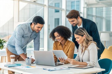 Obraz premium Diverse Business Team Collaborating on Marketing Strategy with Technology 