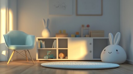 Sunlit nursery with toys, chair, and bunnies