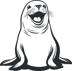 Black and white cartoon illustration of a happy smiling seal with whiskers sitting upright.