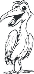 Black and white cartoon illustration of a happy bird with an open beak and expressive eyes