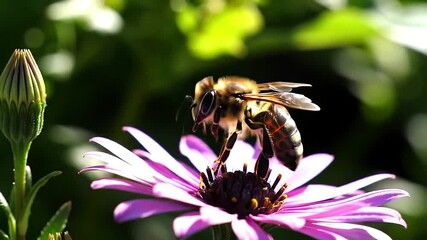 Slow-motion macro shot of a bee hovering just above a pink daisy