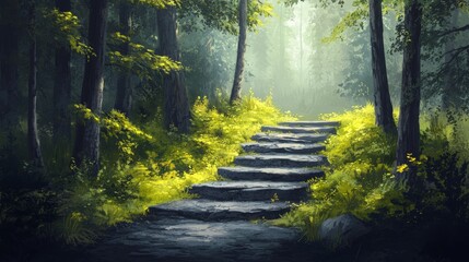 Obraz premium A serene and welcoming atmosphere is formed by a pathway of hexagonal stone slabs set amidst lush green grass, bathed in sunlight, titled Verdant Slab, an illustration