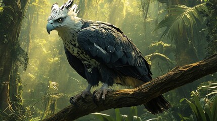 Striking harpy eagle perched on a thick jungle branch massive talons gripping the wood intense gaze scanning the rainforest below