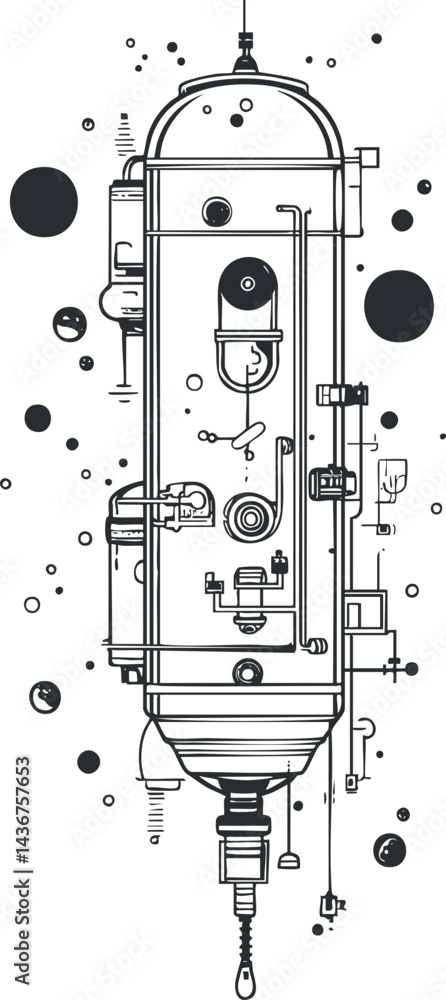 Poster detailed technical line drawing of a rocket spacecraft with mechanical parts and propulsion system