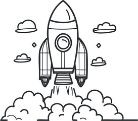 Fototapeta premium Black and white line drawing of a rocket launching into the sky with clouds and smoke below