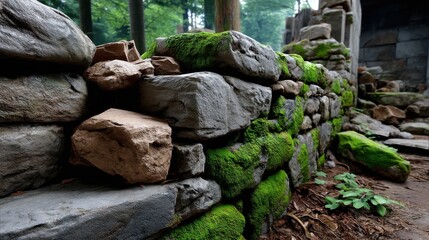 Close-up of moss-covered stone wall in a forest setting with vibrant greenery and natural textures