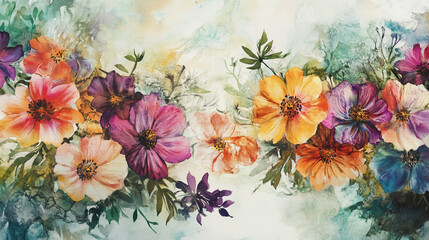 watercolor botanical Cosmos flowers texture template background.Elegant wedding invitation card background . Minimal hand painted Design for wedding or Valentine's Day