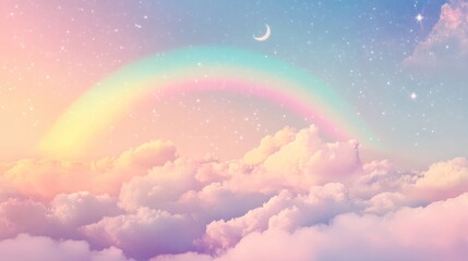 Pastel rainbow, crescent moon, and stars above fluffy clouds. Dreamy background for design