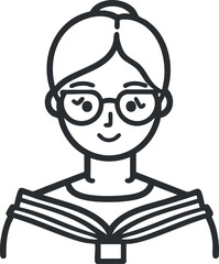 Black and white line drawing of a woman with glasses reading an open book, smiling