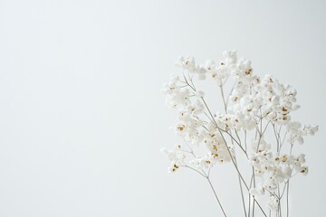 Delicate white flowers on a plain background.  Soft, delicate white flowers with light beige accents on a plain white backdrop.  Simple and elegant arrangement