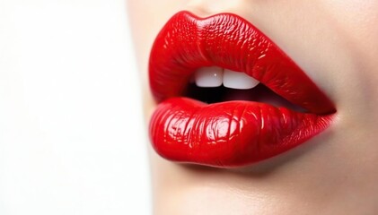 Obraz premium Close-up of vibrant red lips against pure white backdrop, scarlet, product