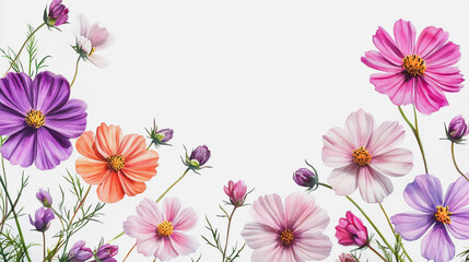 Fototapeta premium watercolor botanical Cosmos flowers texture template background.Elegant wedding invitation card background . Minimal hand painted Design for wedding or Valentine's Day