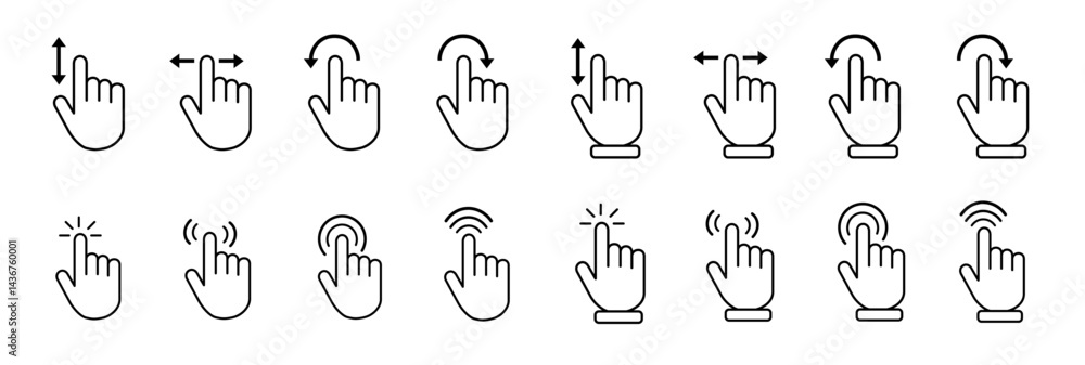 Poster mouse click cursor and hand pointer icon set with arrows, clicking fingers, loading icons, click tap