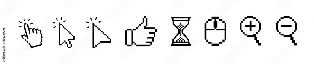 Poster mouse click cursor and hand pointer icon set with arrows, clicking fingers, loading icons, click tap
