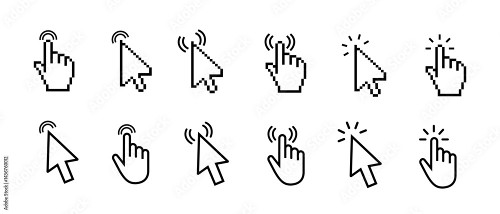 Poster mouse click cursor and hand pointer icon set with arrows, clicking fingers, loading icons, click tap