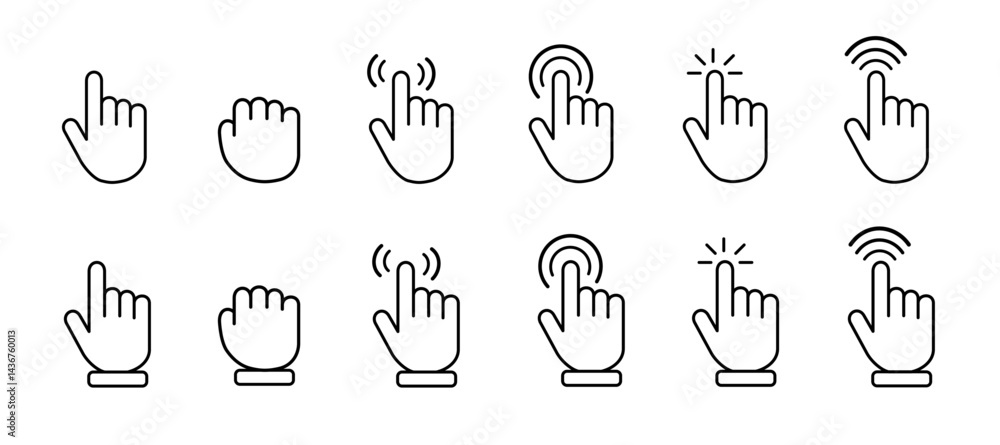 Poster computer mouse cursor icon set with arrows, hand pointers, click effects, and loading symbols. perfe