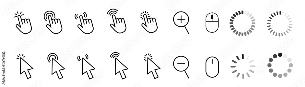 Poster computer mouse cursor icon set with arrows, hand pointers, click effects, and loading symbols. perfe