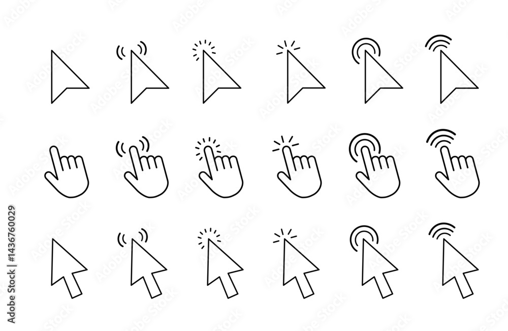 Fototapete computer mouse click cursor and hand pointer icon set with arrows and loading icons, isolated on tra