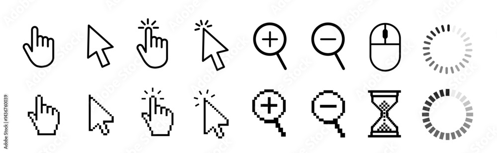 Poster mouse click cursor and hand pointer icon set with arrows, clicking fingers, loading icons, click tap