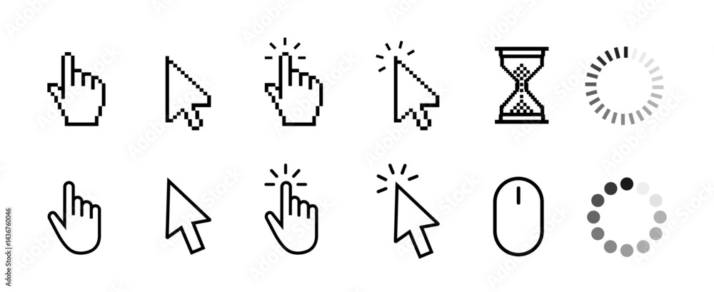 Fototapete computer mouse click cursor and hand pointer icon set with arrows and loading icons, isolated on tra