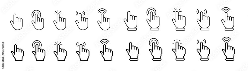 Poster computer mouse cursor icon set with arrows, hand pointers, click effects, and loading symbols. perfe