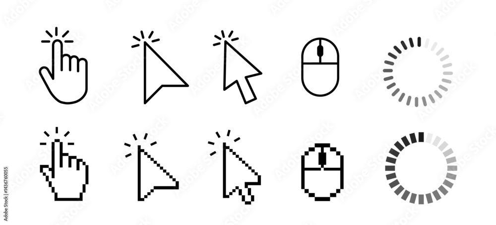 Fototapete computer mouse click cursor and hand pointer icon set with arrows and loading icons, isolated on tra