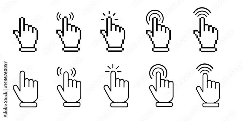 Fototapete computer mouse click cursor and hand pointer icon set with arrows and loading icons, isolated on tra