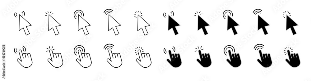 Poster mouse click cursor and hand pointer icon set with arrows, clicking fingers, loading icons, click tap