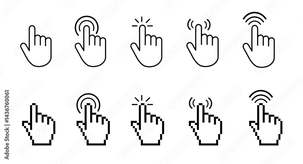 Fototapete computer mouse click cursor and hand pointer icon set with arrows and loading icons, isolated on tra