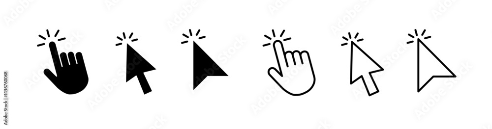 Fototapete computer mouse click cursor and hand pointer icon set with arrows and loading icons, isolated on tra