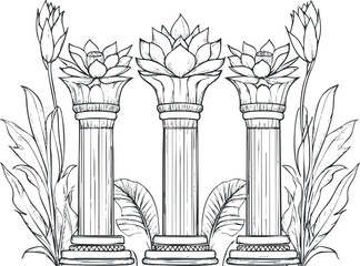 Black and white sketch illustration of three lotus flower columns surrounded by leaves and plants